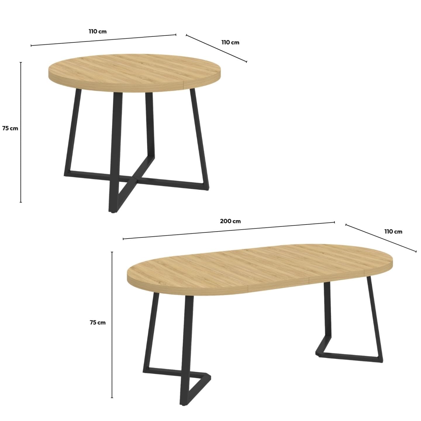 IDMarket - Mesa de Comedor Extensible Redonda Selma 4-10 Personas Madera y Negro 110-200 cm