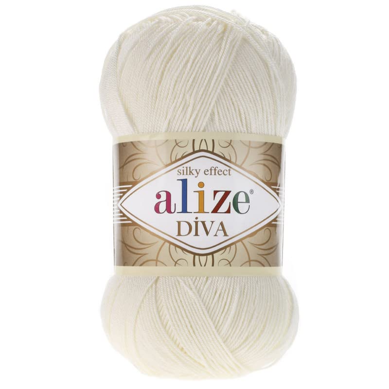 AlizeDiva Silk Microfiber Acrylic Sport Weight Yarn - Lightweight & Soft, Perfect for Crocheting & Knitting Scarves, Clothes & Crafts - 1 Skein, 100g, 383 Yards, Fingering Weight, 14 WPI, Light Cream