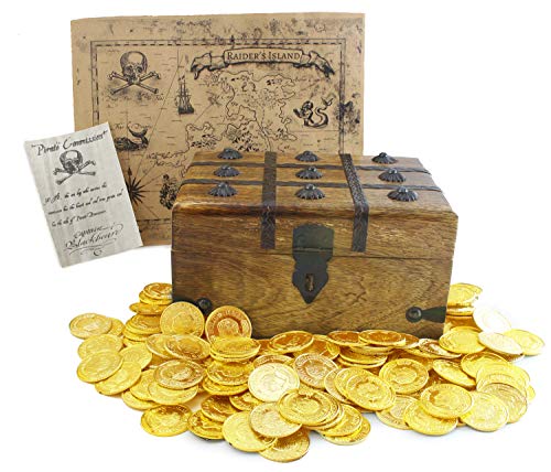 Well Pack Box Wooden Pirate Treasure Chest 8 x 6 x 4.25 with 144 Plastic Coins Authentic Paper Pirate Commission Real World Brown Nautical Paper Map