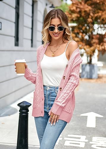 Image of Womens Cardigan Sweaters Cable Knit Sweater 2026 Fall Winter Chunky Open Front Button Down Coats with Pockets