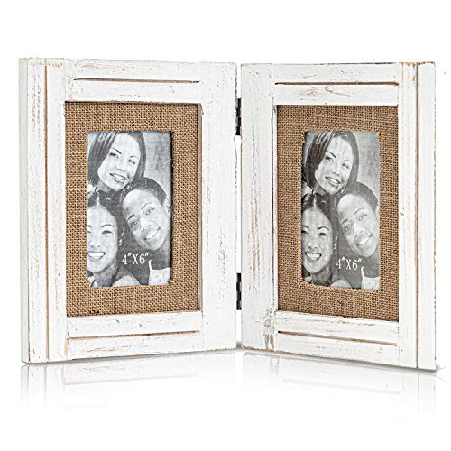 Distressed Hinged Double Picture Photo Frame 4X6 With Burlap Rim For Home Office Desk, Gift For Halloween, Thanks Giving Day, Birthday, Anniversary, Christmas, New Year, Mother's Day, White #TOP7