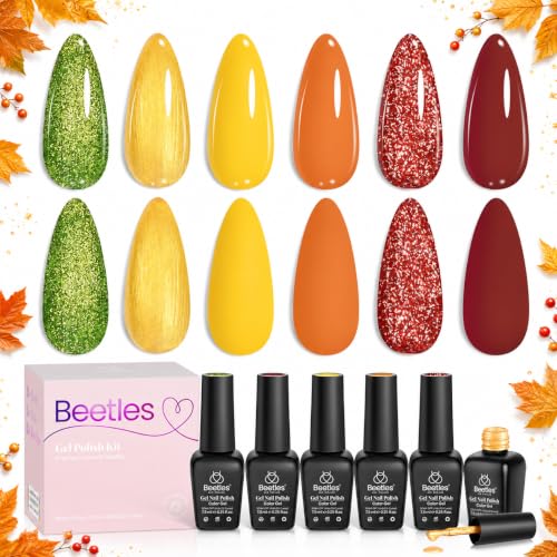 Image of Beetles Fall Gel Polish Set, Green Glitter Burgundy Gel Polish | Realm Collection Golden Shimmer Nails Kit DIY Nail Art Soak Off UV Led Gifts for Women
