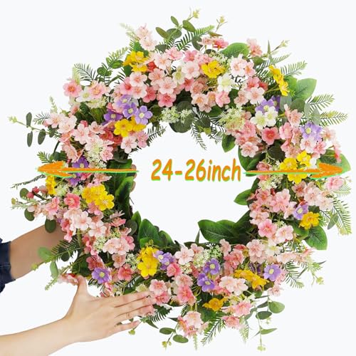 Faux-Silk-Cherry-Blossom-Flower-Spring-Summer-Easter-Wreath-24-26-for-Front-Door–Pink-Purple-Yellow-Plum-Blossom-Green-Eucalyptus-Leaves–Farmhouse-Front-Porch-Decor-Outdoor-Indoor-Use Faux Silk Cherry Blossom Flower Spring Summer Easter Wreath 24 26 for Front Door–Pink Purple Yellow Plum Blossom Green Eucalyptus Leaves–Farmhouse Front Porch Decor Outdoor Indoor Use
