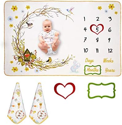 Lucca Baby Monthly Milestone Blanket for Baby Boy and Girl, Baby Photo Blanket for Newborn Baby Shower, Month Blanket for Baby Pictures, Includes 2 Muslin Baby Washcloths + 2 Frames, Large 60''x 40''
