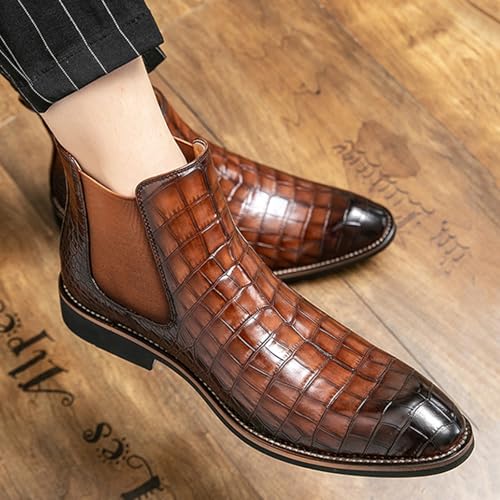 Men's Leather Print High Top Slip On Chelsea Boots Fashion British Style Pointed Toe Elastic Band Ankle Boots Business Casual Dress Oxford Boots3