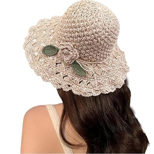 Chapéu de palha de crochê elegante com detalhes de babados, chapéu dobrável de proteção solar de pra