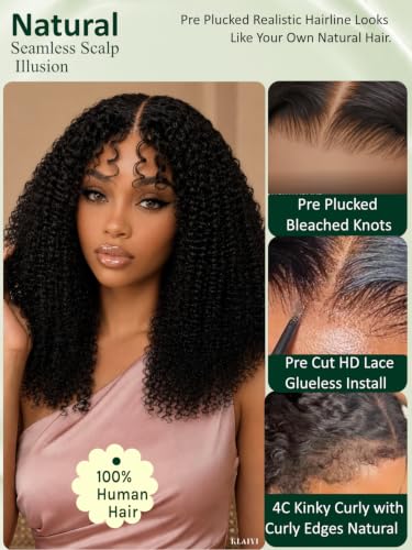 Image of KLAIYI Bye Bye Slip 4C Kinky Curly Glueless Precut 7x5 Lace Front Wigs Human Hair with Curly Edges Drawstring Pre Plucked Bleached Knots Pre Everything 30S Ready to Put On and Go Beginners Wig 16Inch