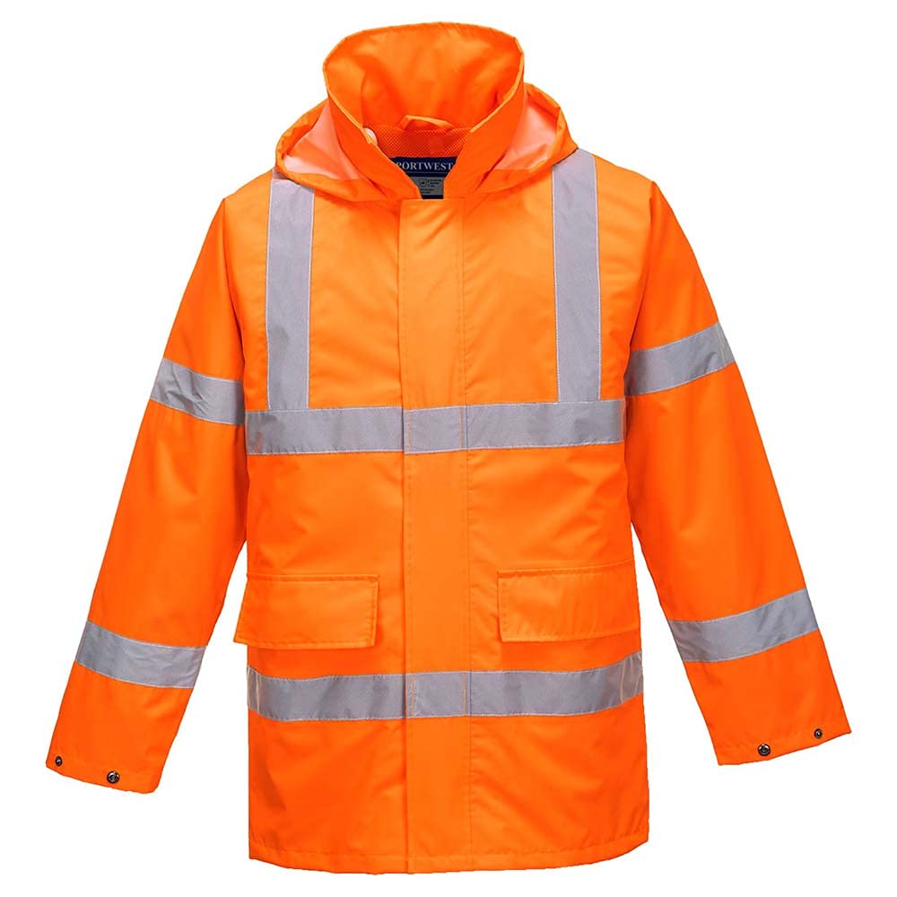 Portwest S160 Veste de pluie Lite Bande Réfléchissante Imperméable à L'eau | Orange, 2XL, EN ISO 20471 Classe 3, UPF 40+, Polyester, Capuche Enroulable, 2 Poches, Finition Déperlante sur le Tissu, Zippé