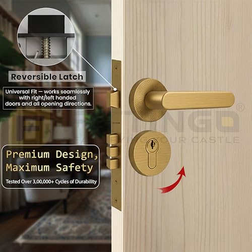 Image of Vigo Mortise Door Handle Lock Set /Premium Zinc Alloy Door Handle with Locks /Heavy-Duty Main Door Handle with Lock for Home, Office & Hotel Doors - 3 Years Warranty (PVD Gold Matt)
