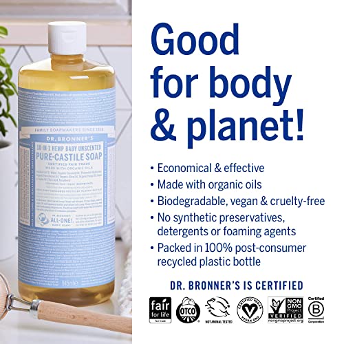 Dr. Bronner's - Pure-Castile Liquid Soap (Baby Unscented, 1 Gallon, 2-Pack) - Made With Organic Oils, 18-In-1 Uses: Face, Hair, Laundry And Dishes, For Sensitive Skin And Babies, No Added Fragrance #TOP1