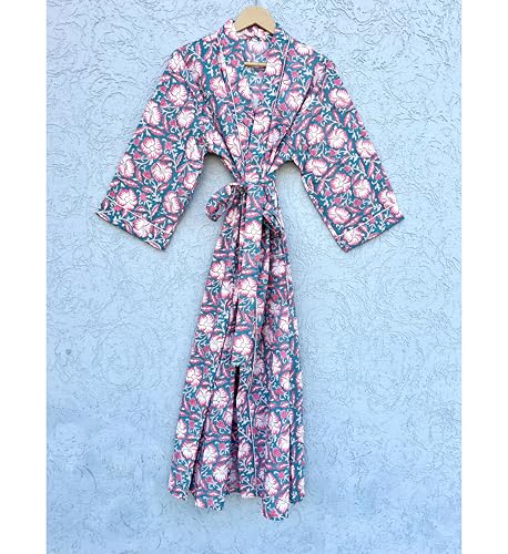 Image of Hand block print Cotton Kimono bikini cover up,Indian Hand block print Cotton Bath Robe,Swim Wear,Nighrwere Dressing Gown
