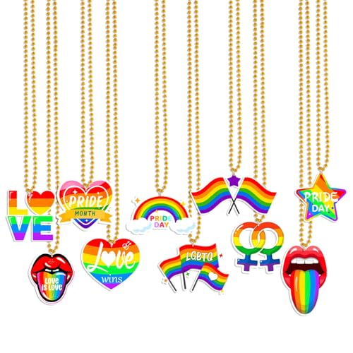 10 collares con colgante de arco iris LGBTQ, accesorios de orgullo gay, accesorio de joyería de plástico arco iris, corazón, amor es amor, collar para mujeres y hombres, decoración de fiesta de