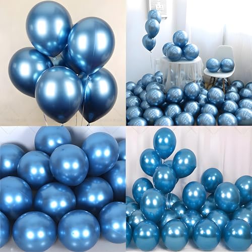 Image of Chrome Metallic Balloons Blue 100 pcs Glossy Latex Balloon for Birthday Decoration Kit Wedding, Anniversary Floral Garland 10 Inch Helium Supported