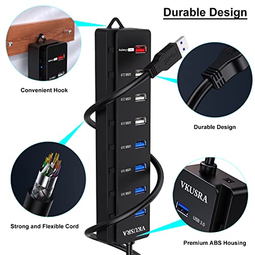 Powered-USB-Hub-VKUSRA-8-Port-USB-Data-Hub-4-USB-30-Ports-3-USB-20-Ports-1-Smart-Charging-Port-with-Individual-OnOff-Switches-Compact-USB-Hub-USB-Splitter-for-Laptop-with-Power-Adapter