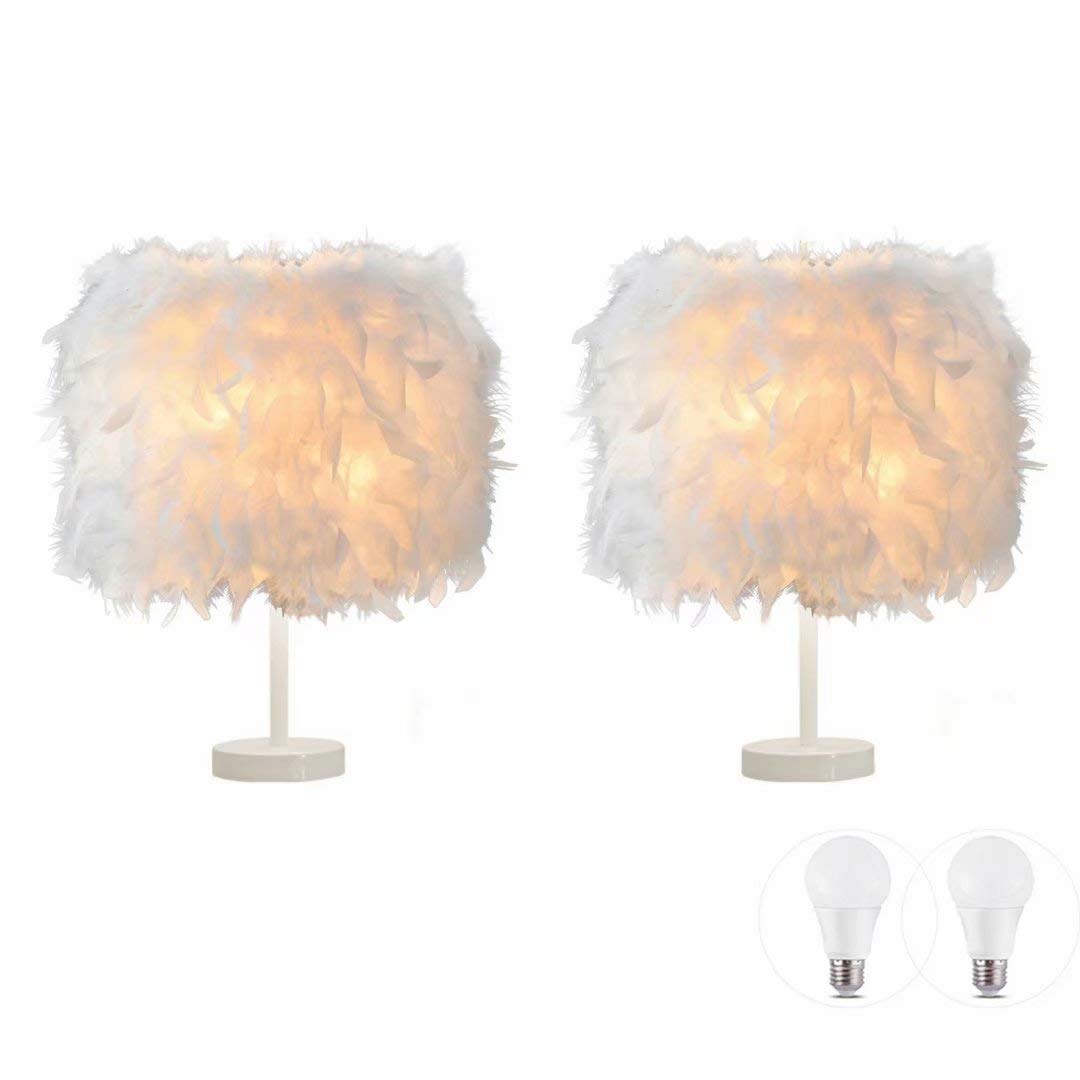 2 Pack Feather Table Lamp Bedside Lamp Feather Bedside Lampshade Table Light White Base with 3W Bulb for Living Room, Bedroom, Bar, Restaurant, Home Decor, S
