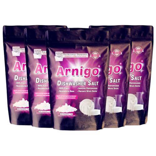 Image of Arnigo Dishwasher Salt 5kg for All Brands Dishwasher, Prevents White Spots, Regerates Resin, Improves Performance, Removes Water Hardness, Enhances Cleaning Quality Of Detergent- (1kg - Pack of 5)