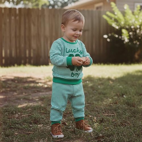 Image of Toddler Baby Boy St Patricks Day Outfit Infant Lucky Clover Sweatshirt Pants Set Little Kids Spring Warm Clothes