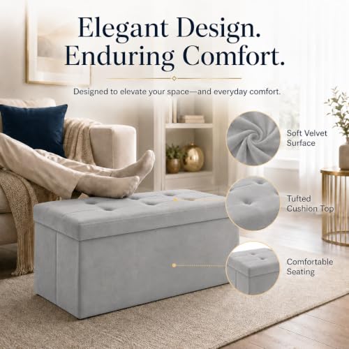 Image of ALASDO 30 Inch Folding Storage Ottoman Bench with Hidden Storage, Velvet Storage Ottoman Foot Rest Stool, End of Bed Bench for Bedroom, Living Room, Entryway and Closet, Dark Gray