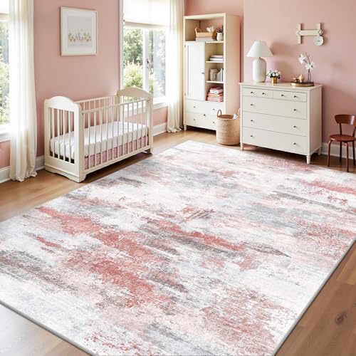 Image of 8x10 Rugs for Living Room - Modern Abstract Washable Rug, Ultra Soft Non Slip Low Pile Large Rugs, Floor Carpet for Bedroom Dining Room Office Laundry Nursery Home（Pink & Grey）