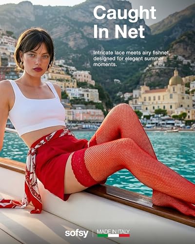 Image of sofsy Italian-Made Soft Fishnet Stockings for Women | 10-Year Hosiery Craftsmanship, Soft Dual Silicone Lace Top, Thigh Highs, Small Grid, Dig-Free, Stretchy
