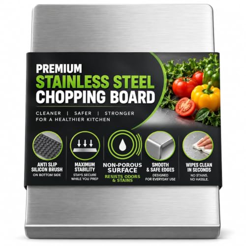Image of True Decor Stainless Steel Chopping Board for Kitchen - Large Heavy Duty Cutting Board with Lipped Edge | Double-Sided Metal Vegetable Chopper Board | Rust-Proof Silver Countertop Board