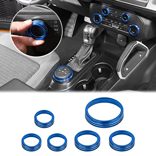 JWWY Air Conditioner Headlight Switch Knob 4WD Wheel Drive Trailer Gear Switch Knob Cover for 2021-2026+ Ford Bronco Accessories Aluminum Alloy 6PCS BlueDont fit Bronco Sport