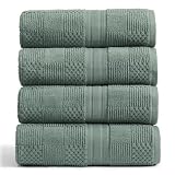 Springtree Home 100% Cotton Bath Towel Set of 4 | Green Bath Towels | Geometric Textured Design | Absorbent & Quick-Dry | 4 Bath Towels | Oeko-TEX® Standard 100 Cotton | Myla Collection - Lily Pad