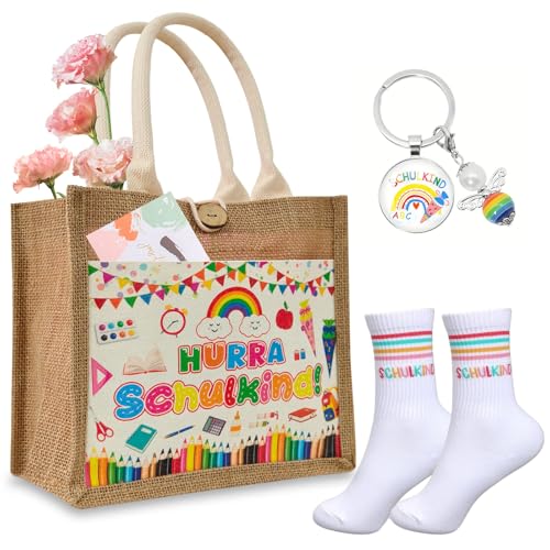 GGXDH Einschulung Geschenk Jutetasche Set mit Socken & Schlüsselanhänger 2026 Hurra Schulkind Schulanfang Geschenktüte Schultüte Füllung Schulkind Geschenk für Grundschule Vorschule