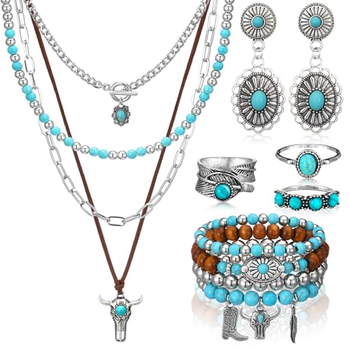 Image of Ecally Bohemian Western Jewelry Turquoise Set Women Country Pendant Long Choker Layered Bracelets Earrings Ring for Women