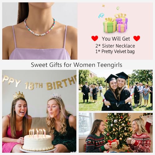 Image of Big Middle Little Sister Mom 2 Daughters Heart Colorful Beaded Necklaces | 3Pcs matching sister pendant set, meaningful friendship & family jewelry, ideal gift for BFF, sisters, mom & daughter