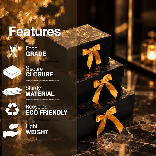 Image of RBS - Black Gift Boxes Combo Set (3 Pack) with Satin Ribbon | Small, Medium & Large Hamper Boxes for Gift Packing, Return Gifts, Saree Packaging Decorative Floral Empty Gift Box (S, M, L)