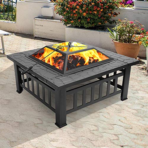 Yulretau Metal Fire Pit Table 32 Inch Outdoor Backyard Firepit with Lid, 3-in-1 Multipurpose Outdoor Fireplaces for Garden Patio Camping BBQ, black
