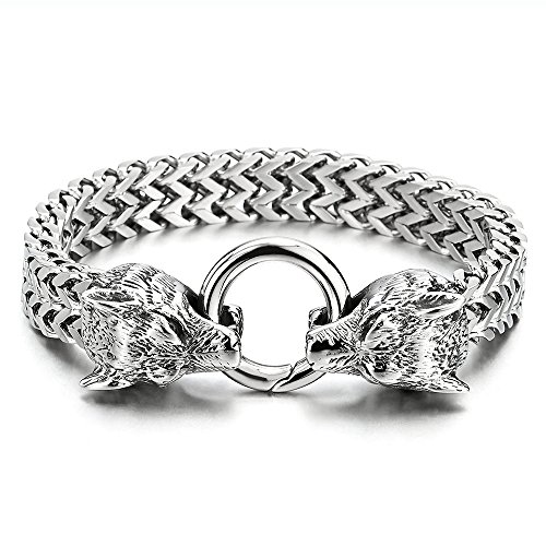 Coolsteelandbeyond Biker Mens Stainless Steel Wolf Head Franco Link Curb Chain Bracelet With Spring Ring Clasp 8.7 Inch #TOP1