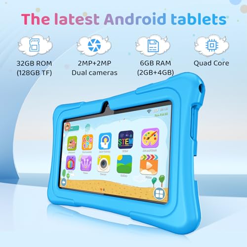 Kids Tablet, 7 inch Android Tablet for Kids, 6GB RAM 32GB ROM Quad-Core Toddler Tablet with Shockproof Case, Bluetooth, WiFi, Parental Control, 2MP+2MP Dual Camera, GPS, Games (LightBlue) - Thumbnail 6