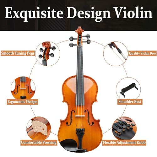 Image of Mendini by Cecilio Violin 4 /4 Full Size Set For Beginners - Hand Carved Acoustic Violins Set - Fiddle Solidwood Kit with Hard Case, Two Bows, Tuner, Rosin, Shoulder Rest, Extra Strings, Lesson Book