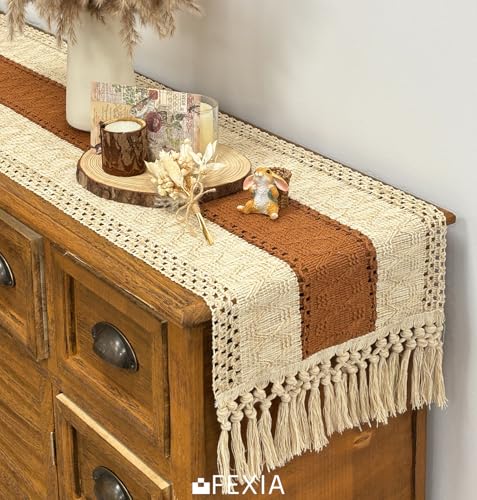 Image of FEXIA Boho Table Runner 60 Inches Long Macrame Summer Decor Coffee Table Cover Farmhouse Stylewith Tassels for Party Bohemian Rustic Wedding Bridal Shower Dining Room Middle Brown (12x60 Inches)