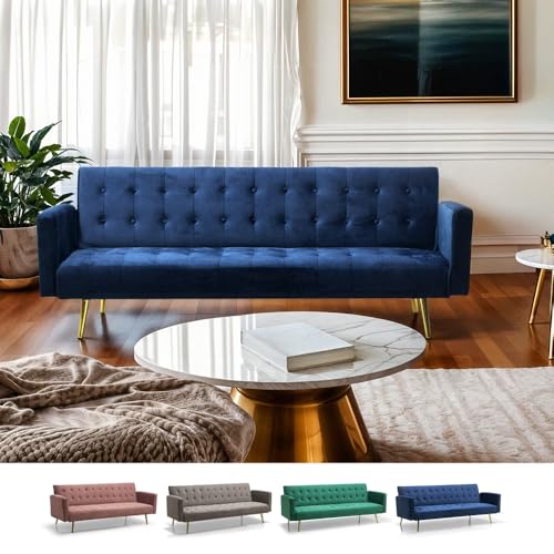 Produce Shop Divano Letto Moderno clic clac 3 posti in Velluto Gambe Dorate Caullae - Blu