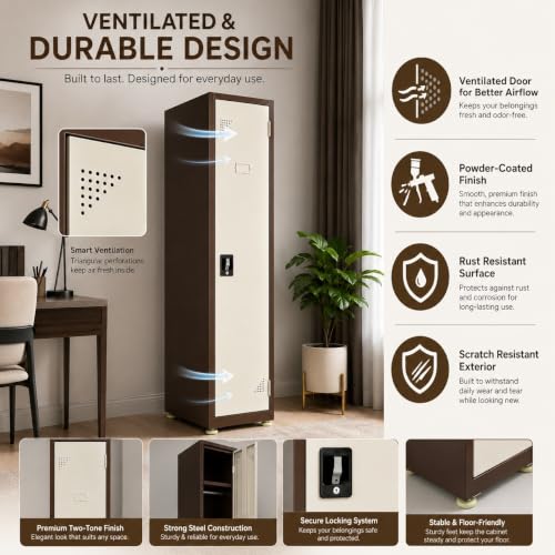 Image of Amazon Brand - Solimo Single Door Steel Locker Cabinet with 4 Shelves & Hanging Rod | Lockable Metal Storage Cupboard for Home, Office, Gym, School & Factory | Powder Coated, Brown