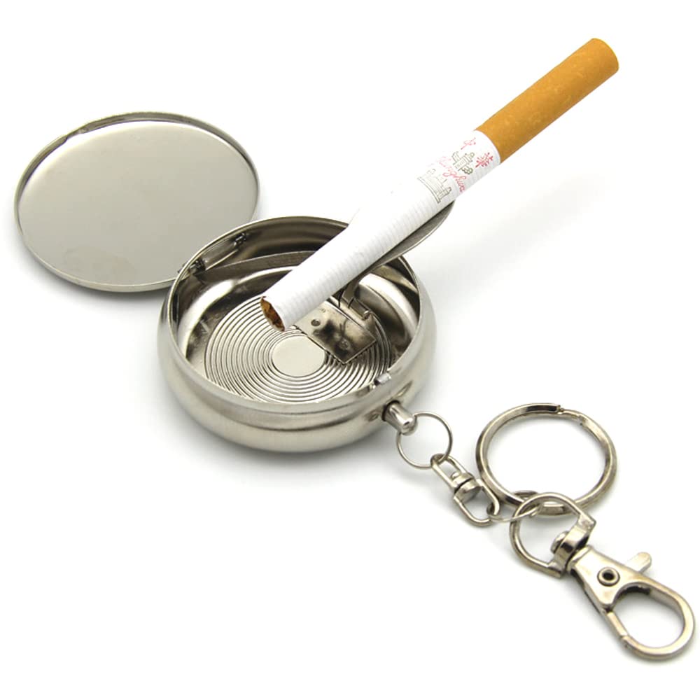 ZHome Stainless Steel Mini Portable Ashtray Keychain - Travel Round Cigarette Ashtray Key Chain with Lid for Travelling, Picnic, Indoor Auto, Home, Car, White, One Size