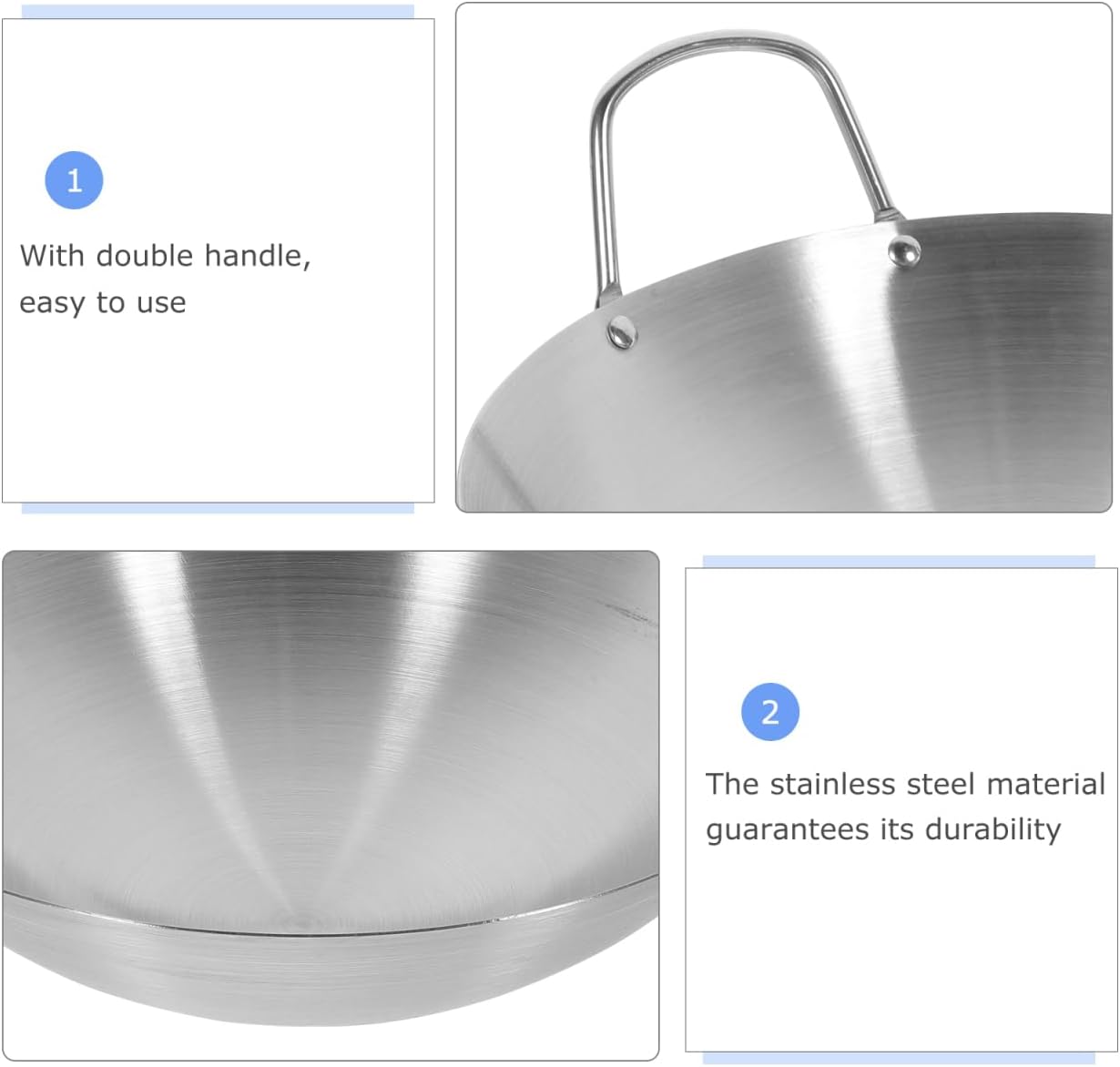 Hemoton 10.22 Inch Stainless Steel Wok Pan with Lid Double Handle Round Bottom Frying Pan for Gas and Electric Cooktops Multipurpose Stir-Fry and