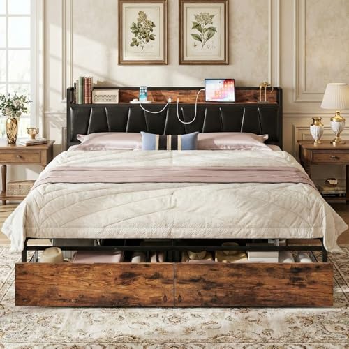 Image of LIKIMIO King Size Bed Frame with 2 Drawers and Charging Station | Platform Bed with Upholstered Storage Headboard, No Box Spring Needed, Easy Assembly, Sturdy, Vintage Brown and Black