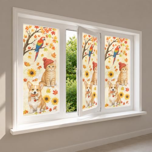 Image of Nuxovilar Fall Window Cling 17.7 x 39.4 in, White Frosted Corgi Cat | White frosted PVC helps obscure views for added privacy, with a corgi, kitten, parrot, sunflowers and colorful autumn leaves.
