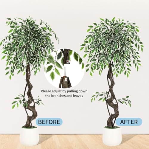 GarveeHome Artificial Ficus Tree for Home Decor Indoor,4FT Faux Floor Tree White Imitation Ceramic Planter, Indoor Outdoor Lifelike Fake Ficus Tree with Pebbles & Green Fake Moss for Office