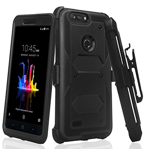 GALAXY WIRELESS Compatible for ZTE ZFive G LTE Z557BL / ZFive C Z558VL / Avid 4 /Fanfare 3/Blade Vantage/Tempo X/Tempo Go, Belt Clip Holster [Built in Screen Protector] Full Body Case - Black