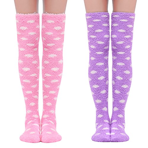 Littleforbig Cute Coral Fleece Knee High Long Dotted Socks 2 Pairs