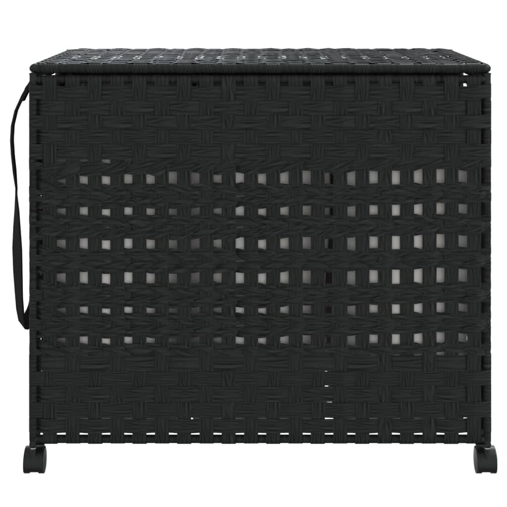 Wäschekorb mit Rollen Schwarz aus Rattan 66 x 35 x 60 cm, 3 Fächer, mit Deckel, klappbar, Wäschebox, Wäschesammler, Wäschetonne für Bad Schlafzimmer Waschküche, platzsparende Ordnung