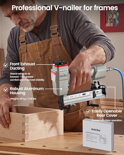 Image of meite V1015B V-Nailer Picture Frame Joiner Kit, Pneumatic V Nail Gun with 4,000 Pcs 10 mm V Nails, Fits 9 /32 inch to 19 /32 inch (7 to 15 mm), for DIY Finish Woodworking Picture Framing