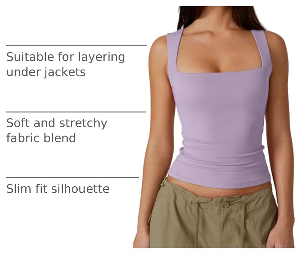 Image of QINSEN Women's Square Neck Sleeveless Double-Layer Tank Tops Basic Tight T Shirts