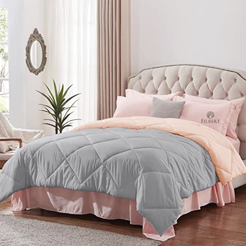 Image of Filbert - King Size Comforter for Winter 300 GSM Reversible Microfiber Soft & Cozy Diamond Stitch Quilt (92 inch x 106 inch Inches /233cm x 269cm) - Comforter King Size|Silver /Peach