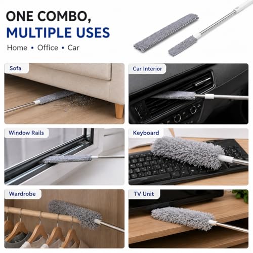 Image of Slim Gap Duster with Feather Duster Combo Flexible Flat Cleaner for Under Sofa Bed Refrigerator Furniture Fan Dust Cleaning